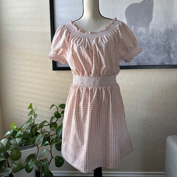J.Crew Smocked Puff-Sleeves Cotton Poplin Mini Dress Gingham Warm Clay Size M - Picture 1 of 6